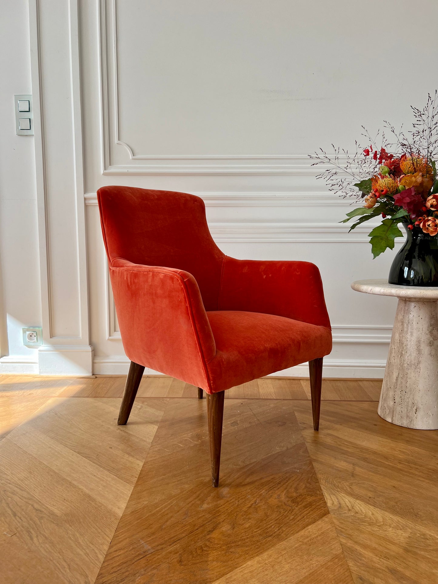Pair of Italian Armchairs, new upholstery, Orange velvet