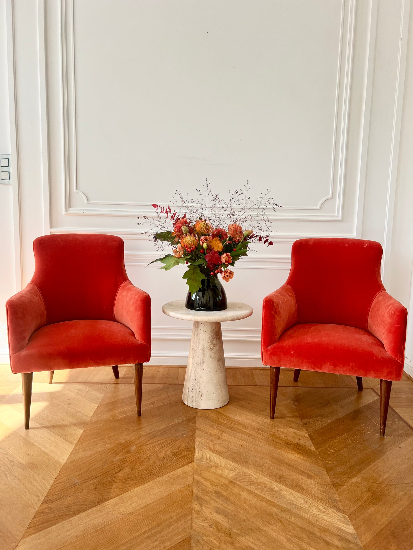 Pair of Italian Armchairs, new upholstery, Orange velvet